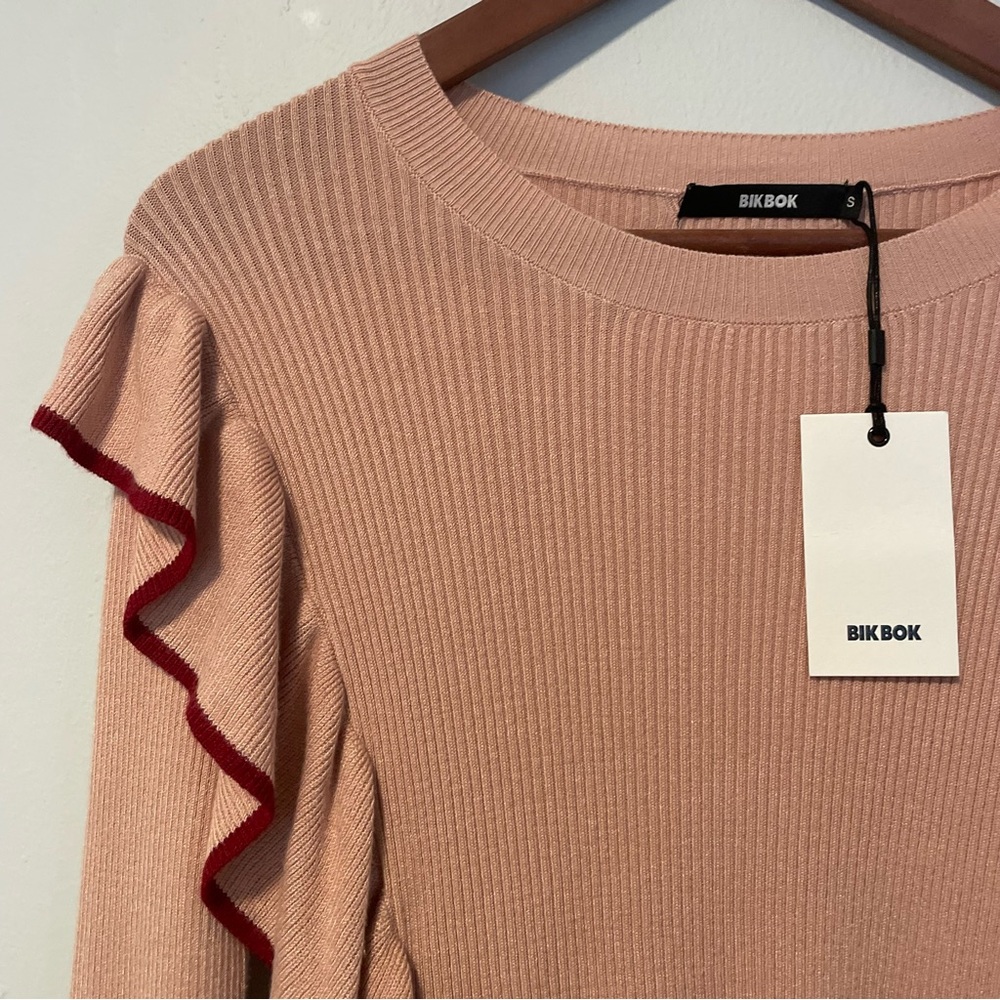 Vintage Bik Bok Soft Ribbed Knit Sweater Jumper Ruffles Pink Blush Viscose Small